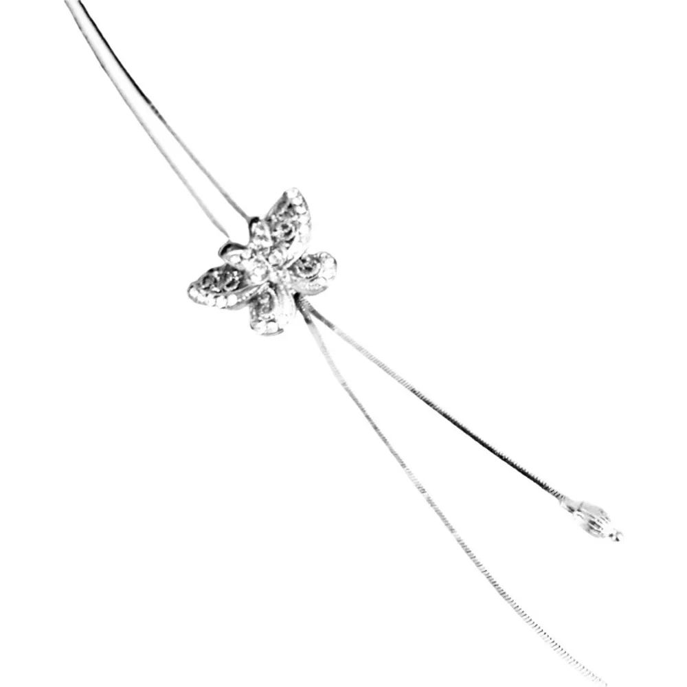 Crystal Butterfly Lariat Necklace Adjustable Silver